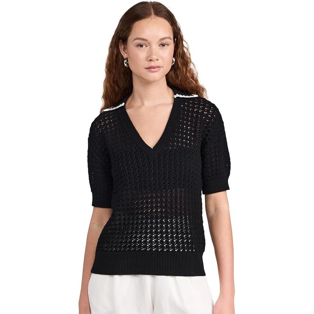 VARLEY Monte V-Neck Knit Polo Top Medium Black Crochet Trim Short Sleeve Preppy
